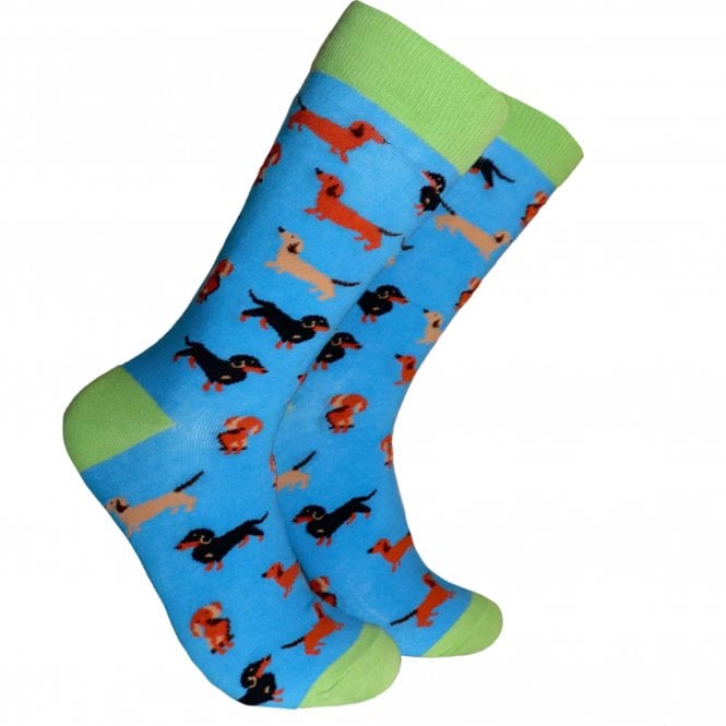 "Dasching Around" Dachshund Dog Blue Combed Cotton Rich Socks