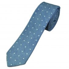 Denim Blue & White Polka Dot Men's Cotton Skinny Tie 