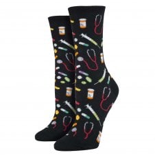 Doctor Stethoscope, Syringe, Tablets & Prescription Bottles Black Luxury Ladies Socks
