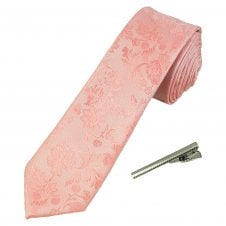 Dusky Pink Floral Pattern Men's Skinny Tie with Tie Clip