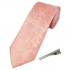 Dusky Pink Floral Pattern Men's Tie with Tie Clip