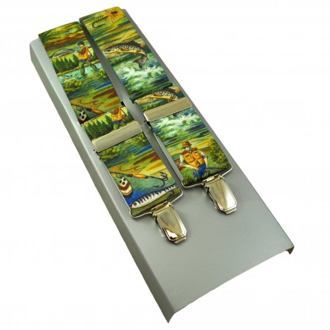 Fishing Bright Green Men's Luxury Trouser Braces with Silver Clips