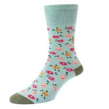 Floral Pattern Blue Comfort Top Ladies Socks by HJ Hall