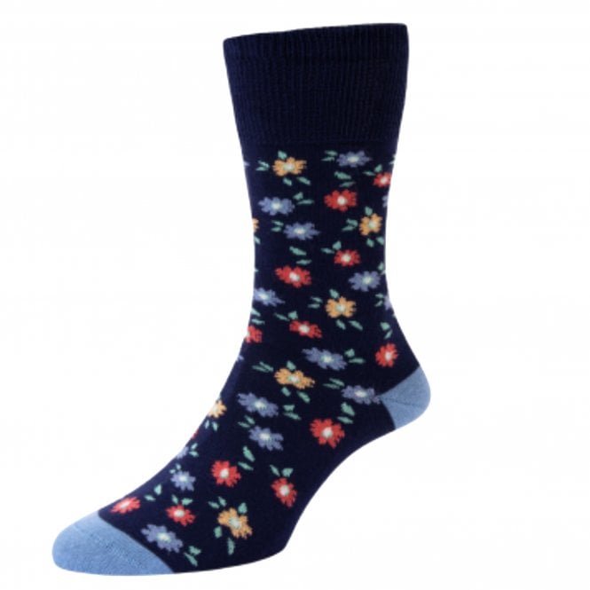 Floral Pattern Navy Blue Comfort Top Ladies Socks by HJ Hall