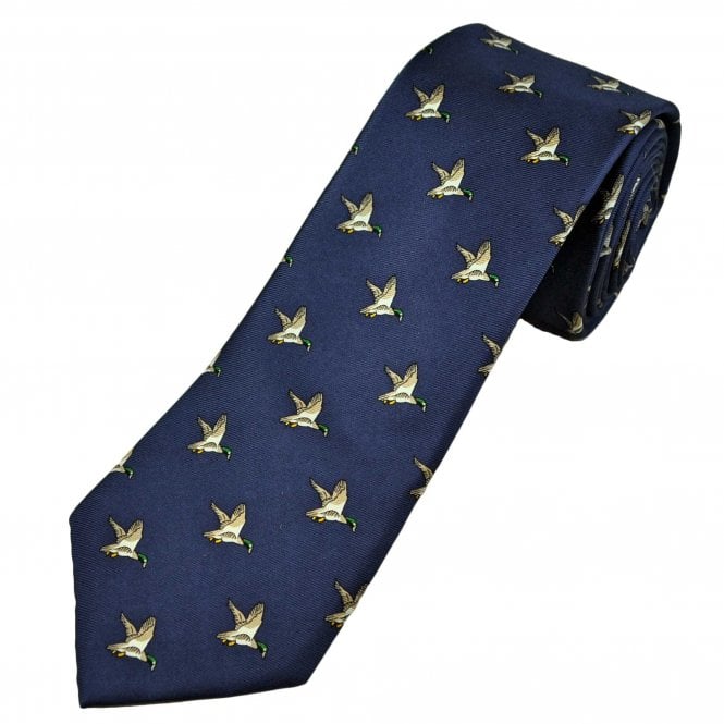 Flying Duck on Dark Blue Men's Silk Tie