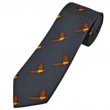 Flying Pheasant on Navy Blue Men's Silk Tie