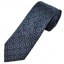 French Navy, Sky Blue, Grey & Silver Motif Pattern Men's Silk Tie