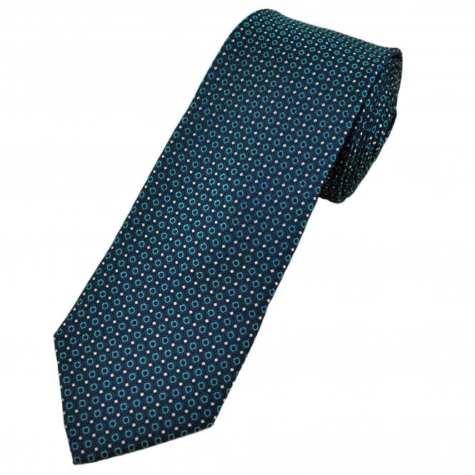 French Navy, Turquoise & Silver Circles & Squares Pattern Men's Silk Tie
