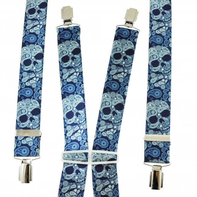 French Navy & White Paisley & Skull Patterned Men's Trouser Braces