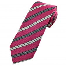 Fuchsia Pink, Black & White Striped Men's Extra Long Tie