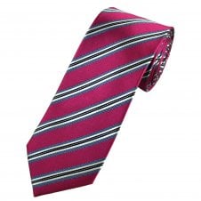 Fuchsia Pink, Blue, White & Black Striped Men's Silk Tie