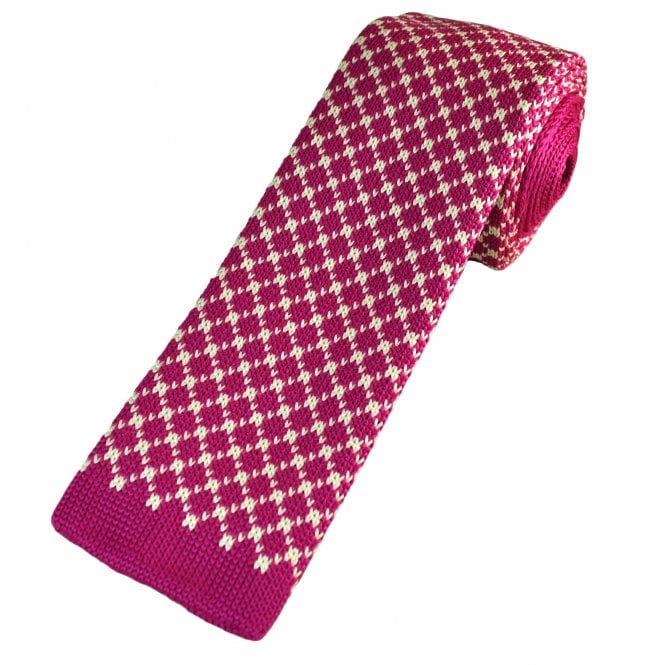Fuchsia Pink & Ivory Diamond Pattern Men's Knitted Tie
