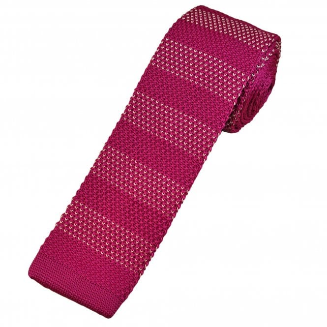 Fuchsia Pink & Ivory Horizontal Patterned Stripe Men's Skinny Knitted Tie