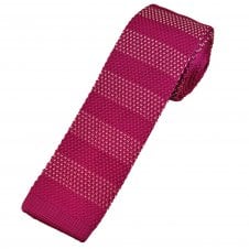 Fuchsia Pink & Ivory Horizontal Patterned Stripe Men's Skinny Knitted Tie