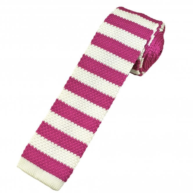 Fuchsia Pink & Ivory Horizontal Stripe Men's Skinny Knitted Tie