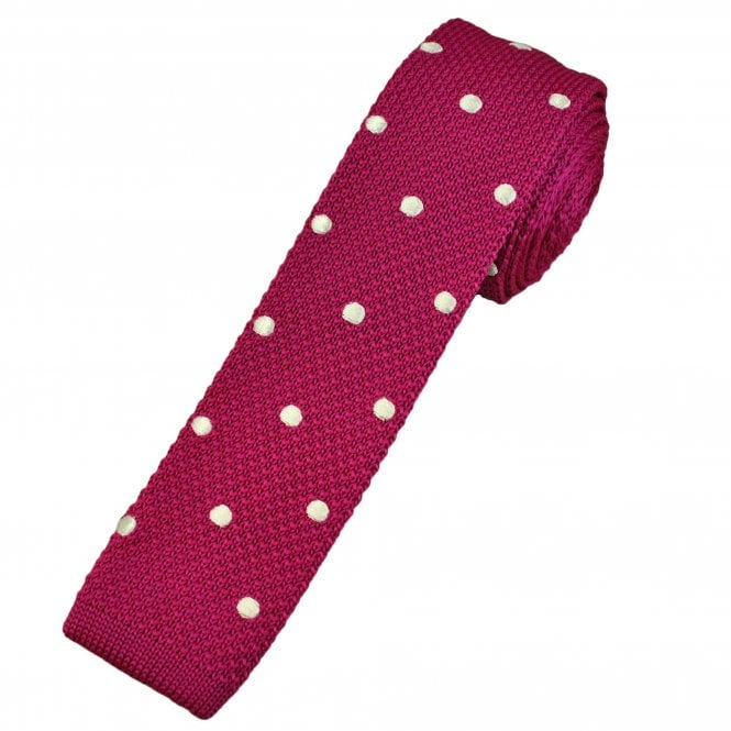 Fuchsia Pink & Ivory Polka Dot Men's Skinny Knitted Tie