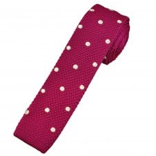 Fuchsia Pink & Ivory Polka Dot Men's Skinny Knitted Tie