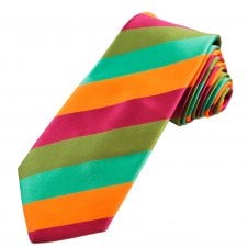 Fuchsia Pink, Leaf Green, Turquoise & Bright Orange Striped Men's Tie