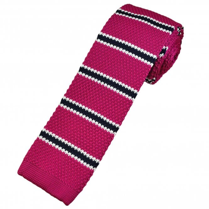 Fuchsia Pink, Navy Blue & White Horizontal Stripe Men's Skinny Knitted Tie