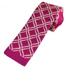 Fuchsia Pink & White Diamond Checked Pattern Men's Knitted Tie