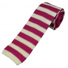 Fuchsia Pink & White Horizontal Stripe Men's Silk Knitted Tie