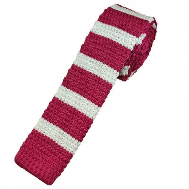 Fuchsia Pink & White Horizontal Stripe Men's Skinny Knitted Tie