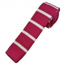Fuchsia Pink & White Horizontal Stripe Men's Skinny Knitted Tie