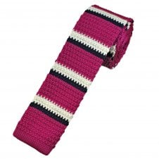 Fuchsia Pink, White & Navy Blue Horizontal Stripe Men's Knitted Tie