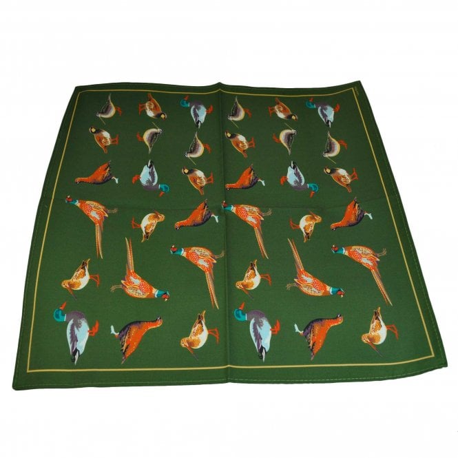 Game Birds Green 100% Cotton Pocket Square Handkerchief