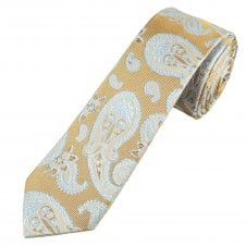 Gold & Blue Paisley Patterned Men's Silk Skinny Tie