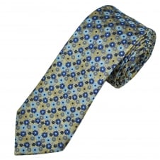 Gold , Light Blue & Navy Blue Flower Patterned Men's Tie