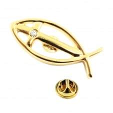 Gold Plated Ichthys Christian Lapel Pin Badge With Crystal Cross
