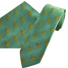 Gold Stag Head on Sage Green Men's Novelty Tie & Pocket Square Handkerchief Set