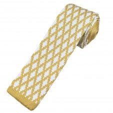 Gold & White Diamond Pattern Men's Skinny Knitted Tie