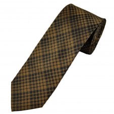 Golden Brown & Navy Checked Men's Silk Narrow Tie