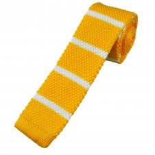 Golden Yellow & White Horizontal Stripe Men's Skinny Knitted Tie