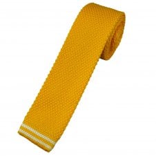 Golden Yellow & White Horizontal Stripe Pattern Men's Skinny Knitted Tie