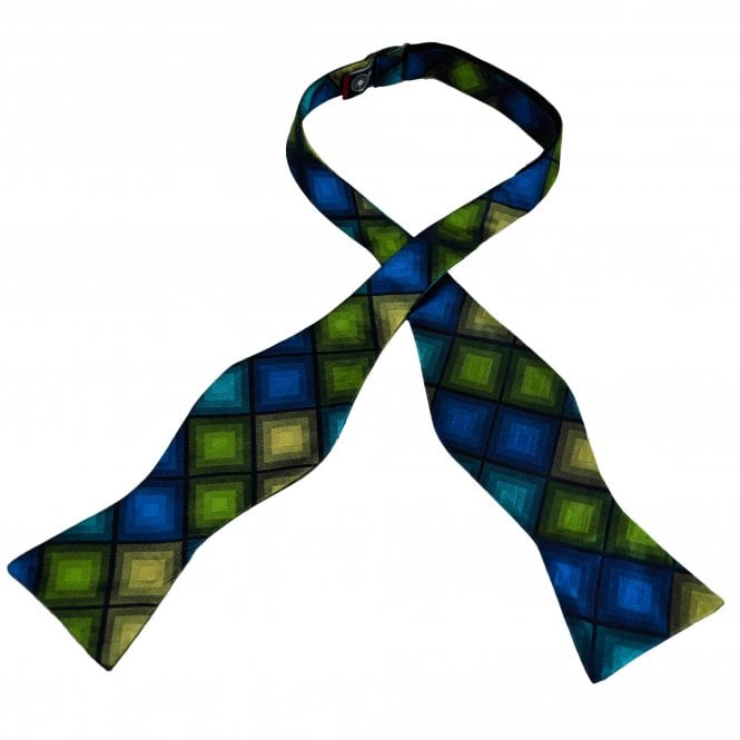 Green & Blue Square Patterned Silk Self Tie Bow Tie