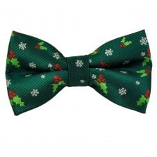 Green Holly & Berries with Snowflake Novelty Christmas Bow Tie