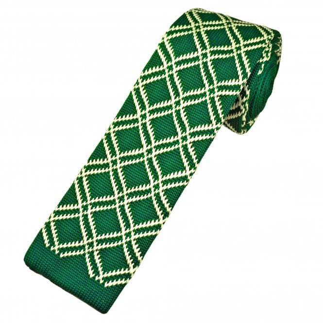 Green & Ivory Diamond Checked Men's Knitted Tie