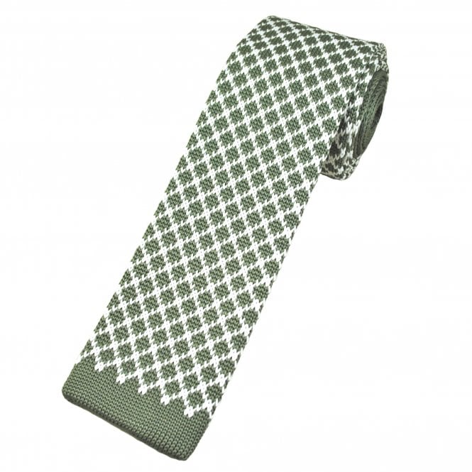 Green & White Diamond Pattern Men's Knitted Tie