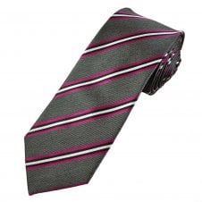 Grey, Fuchsia Pink, Black & White Stripe Luxury Silk Men's Tie
