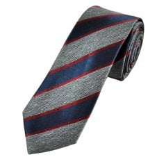 Grey, Navy Blue & Burgundy Striped Men's Luxury Silk Tie
