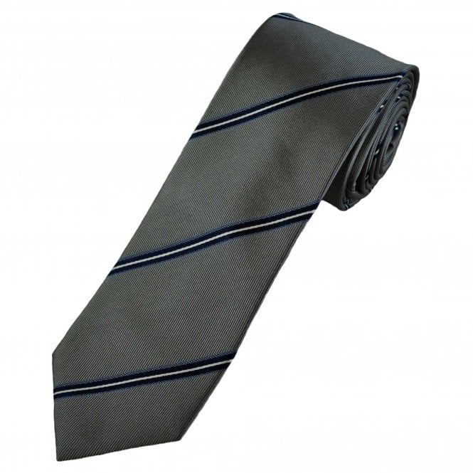 Grey, Navy, Light Blue & White Striped Luxury Silk Men's Narrow Tie