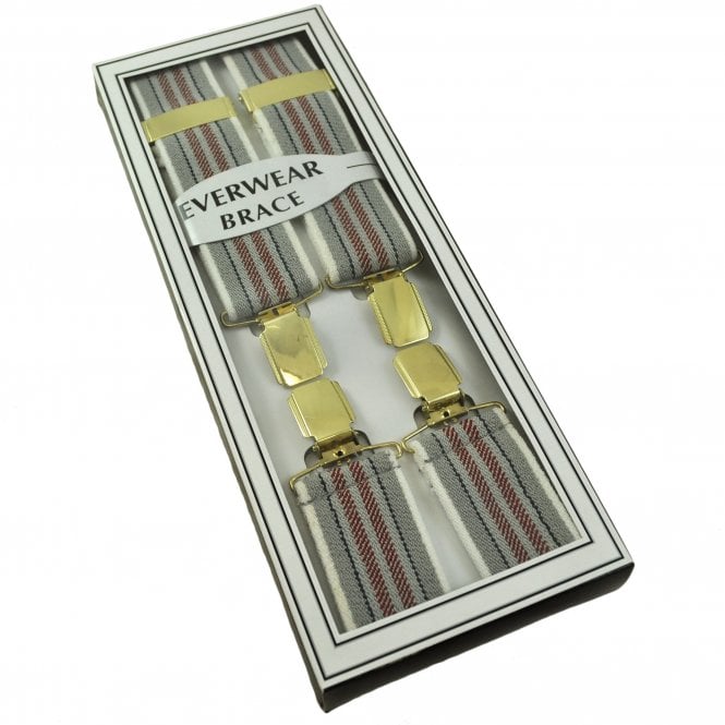 Grey, Red, Navy Blue & White Stripe Men's Trouser Braces with Gold Clips