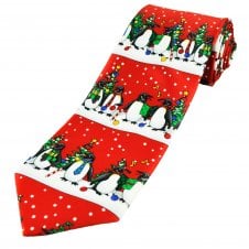 Happy Christmas Carol Singing Penguins Red Novelty Tie