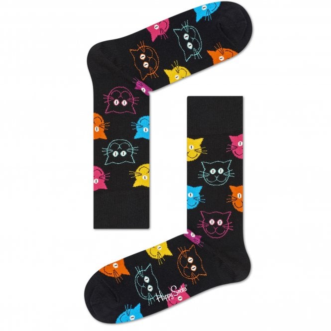 Happy Socks Cat Faces Black Combed Cotton Rich Socks