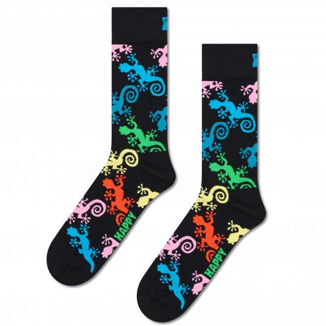 Happy Socks Multi Coloured Gecko Lizards on Black Combed Cotton Rich Socks