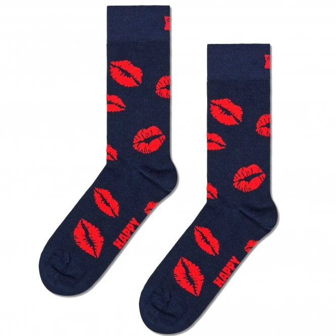 Happy Socks Red Kisses on Navy Blue Luxury Combed Cotton Blend Socks