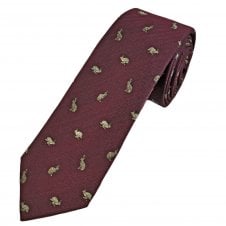 Hares on Burgundy Herringbone Men's Luxury Silk Wool Blend Tie